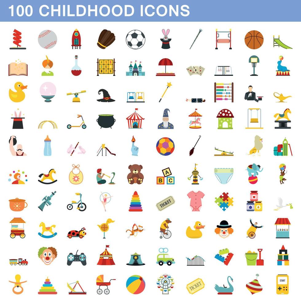 100 childhood icons set, flat style vector