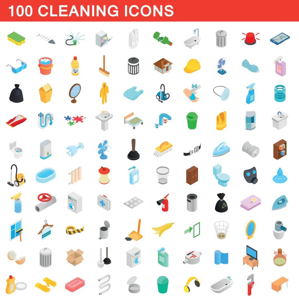 100 cleaning icons set, isometric 3d style vector