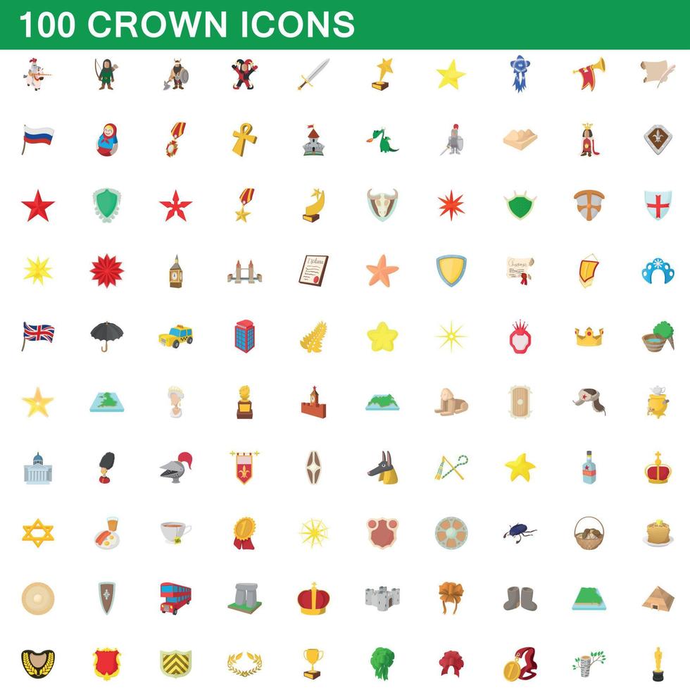 100 corona, conjunto de iconos de estilo de dibujos animados vector