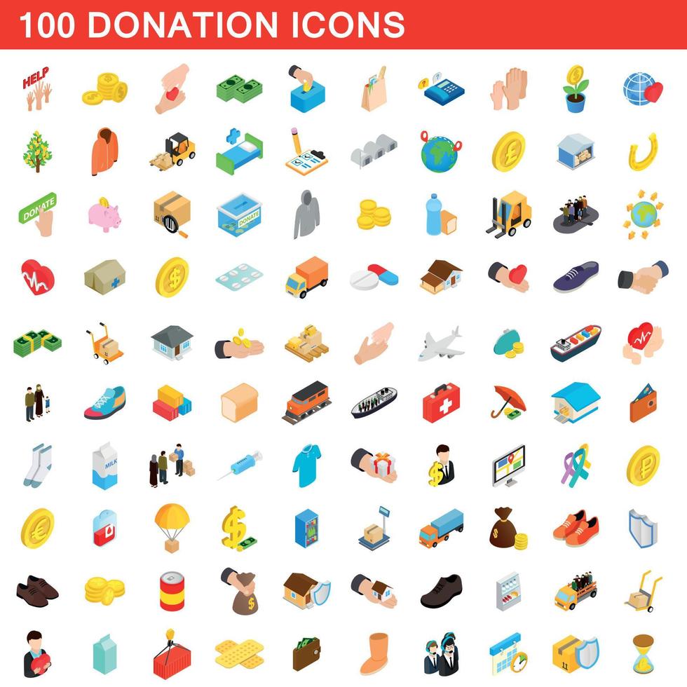 100 donation icons set, isometric 3d style vector