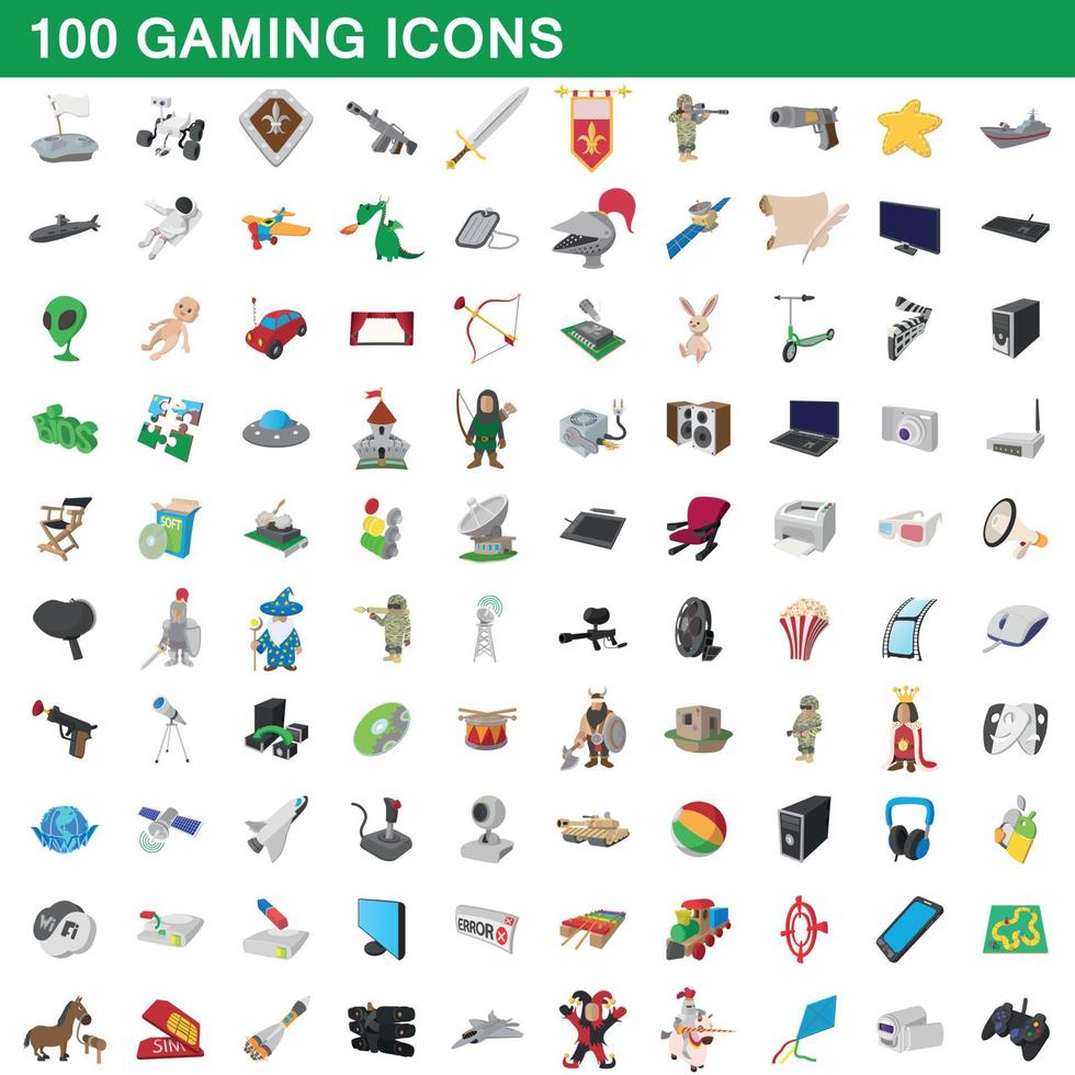 100 iconos de juegos, estilo de dibujos animados vector