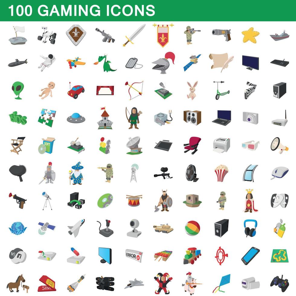 100 gaming icons set, cartoon style vector