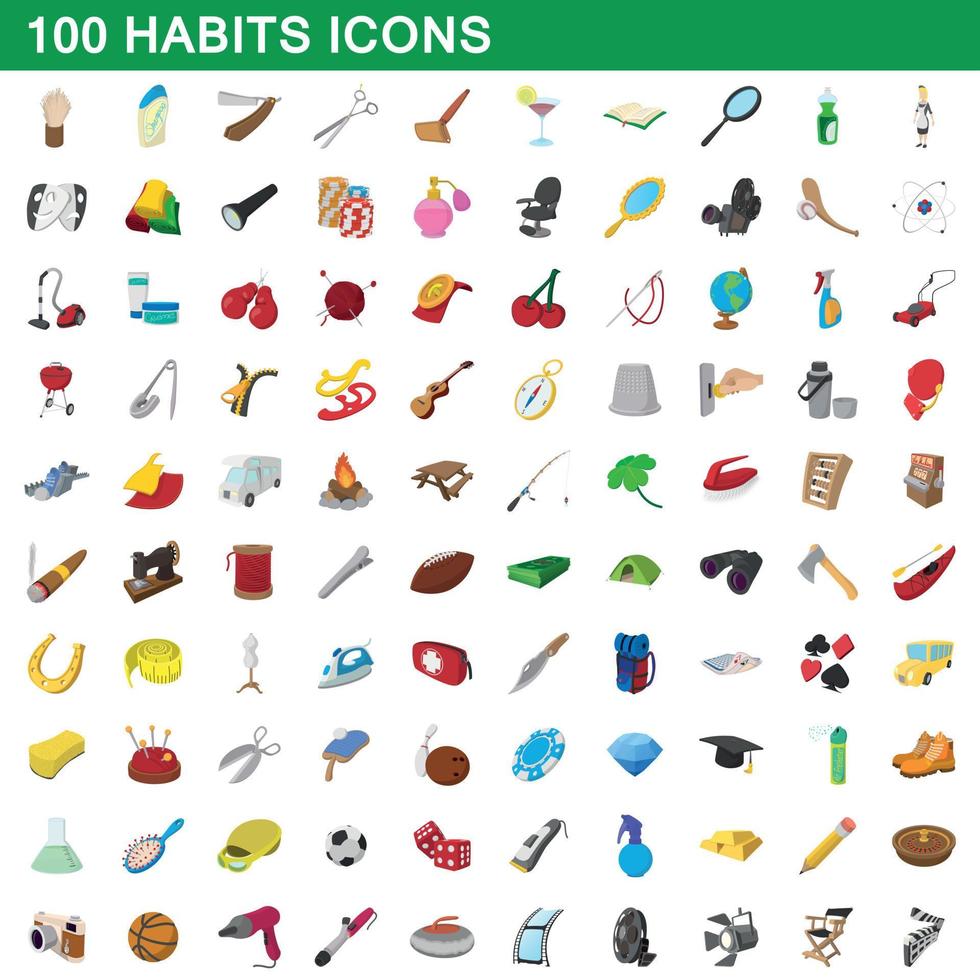 100 habits icons set, cartoon style vector