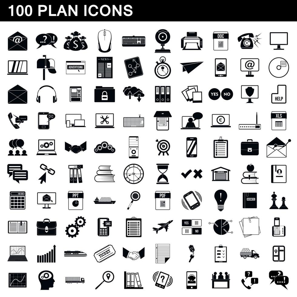 100 iconos de planes establecidos, estilo simple vector