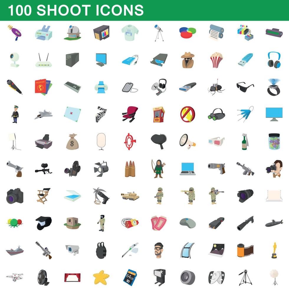 100 disparar, conjunto de iconos de estilo de dibujos animados vector