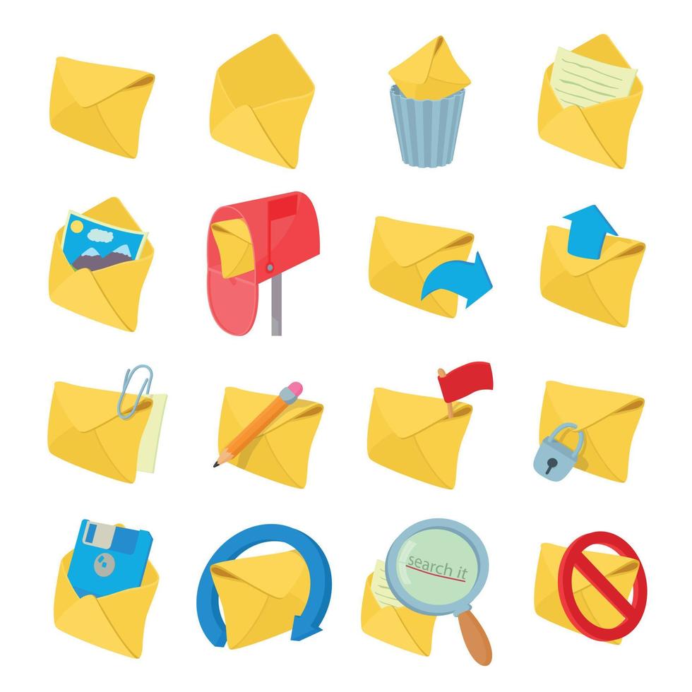 Mail icons set, cartoon style vector
