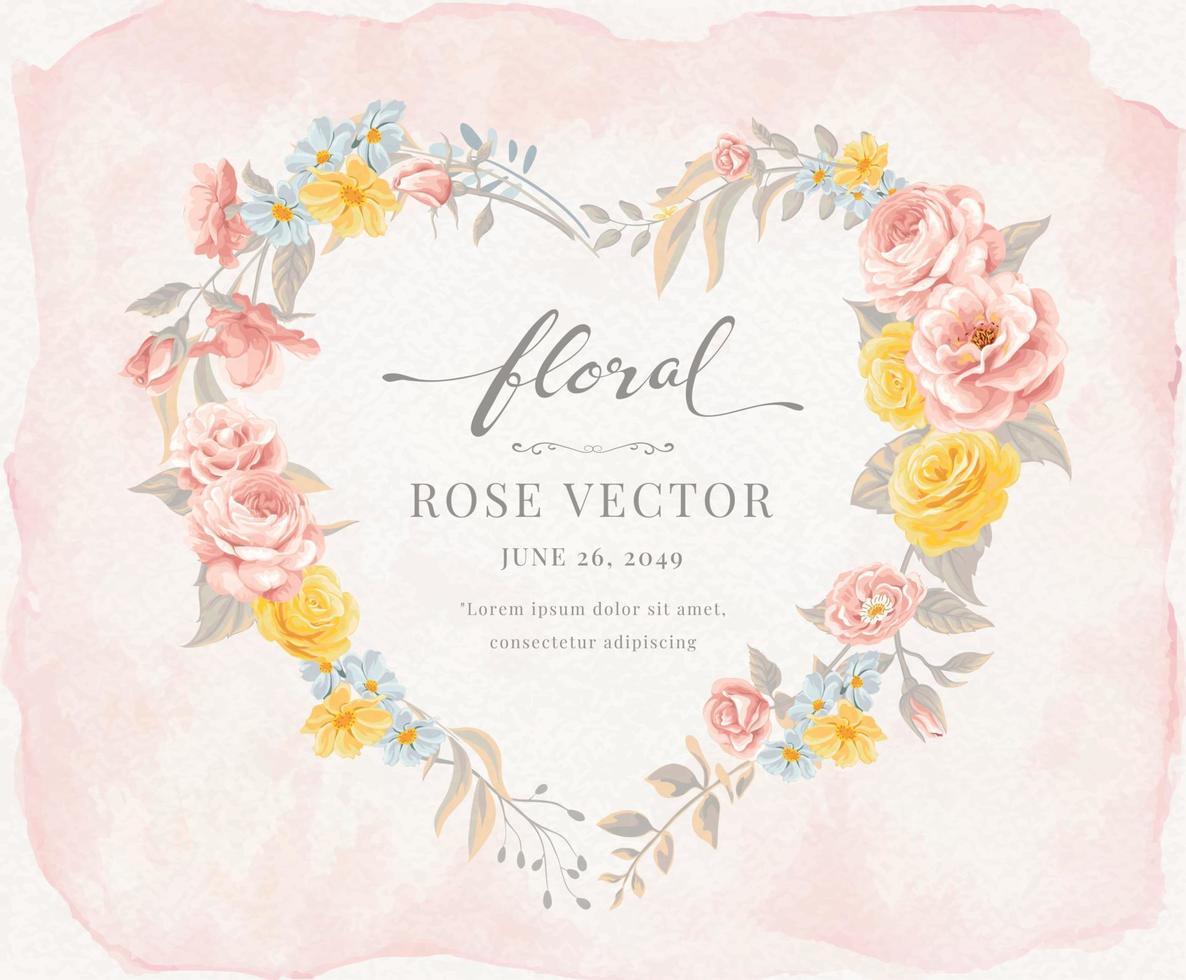 Beautiful Rose Flower and botanical leaf heart shape watercolor digital painted illustration for love wedding valentines day or arrangement invitation design greeting card vector