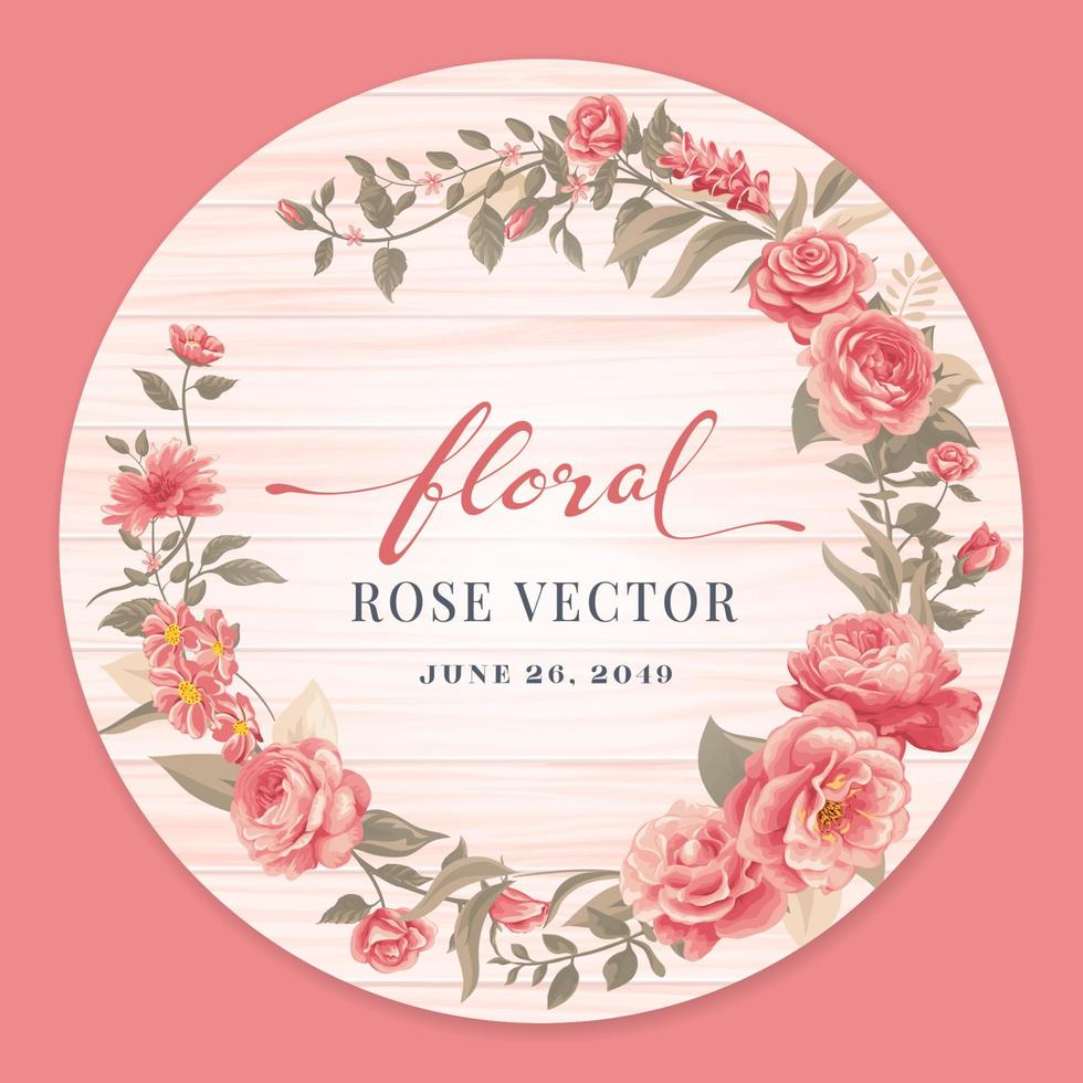 flor de rosa y hoja botánica en círculo de etiqueta de madera ilustración pintada digital vector