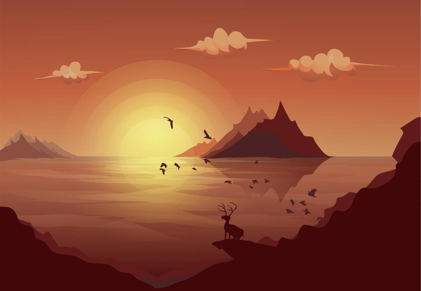 ciervo parado en la roca mirando el paisaje de la isla de montaña mar con sol y nubes a lo largo de la bandada de pájaros voladores vector