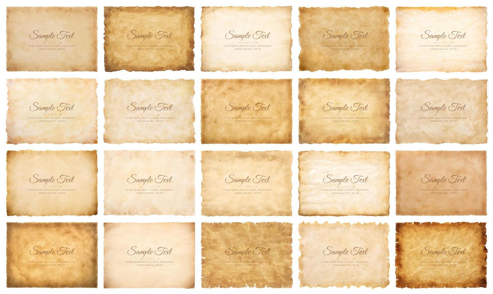 Vector collection set old parchment paper sheet vintage aged or texture isolated on white background