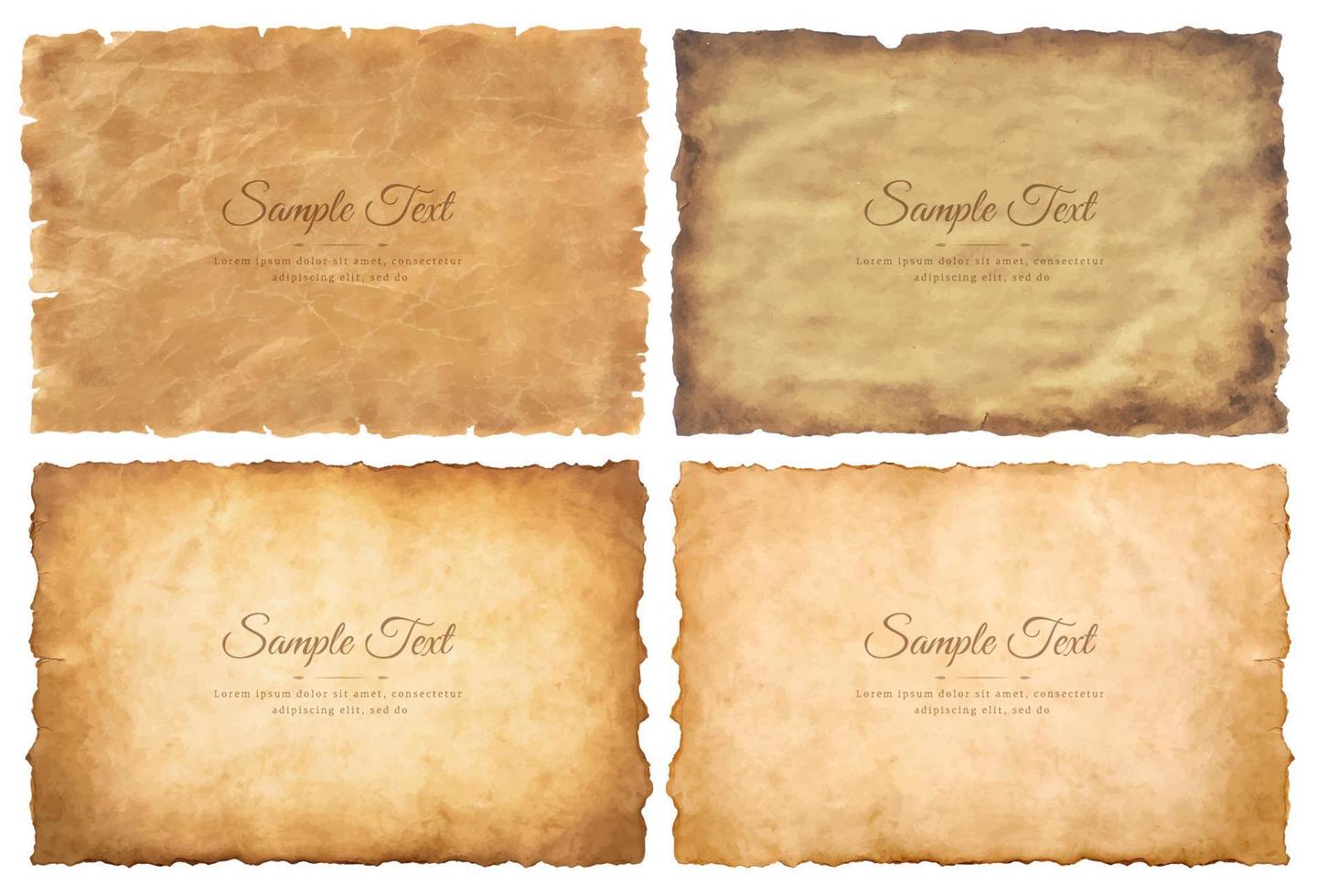 Vector collection set old parchment paper sheet vintage aged or texture isolated on white background