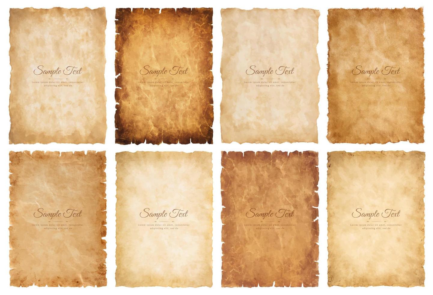 Vector collection set old parchment paper sheet vintage aged or texture isolated on white background