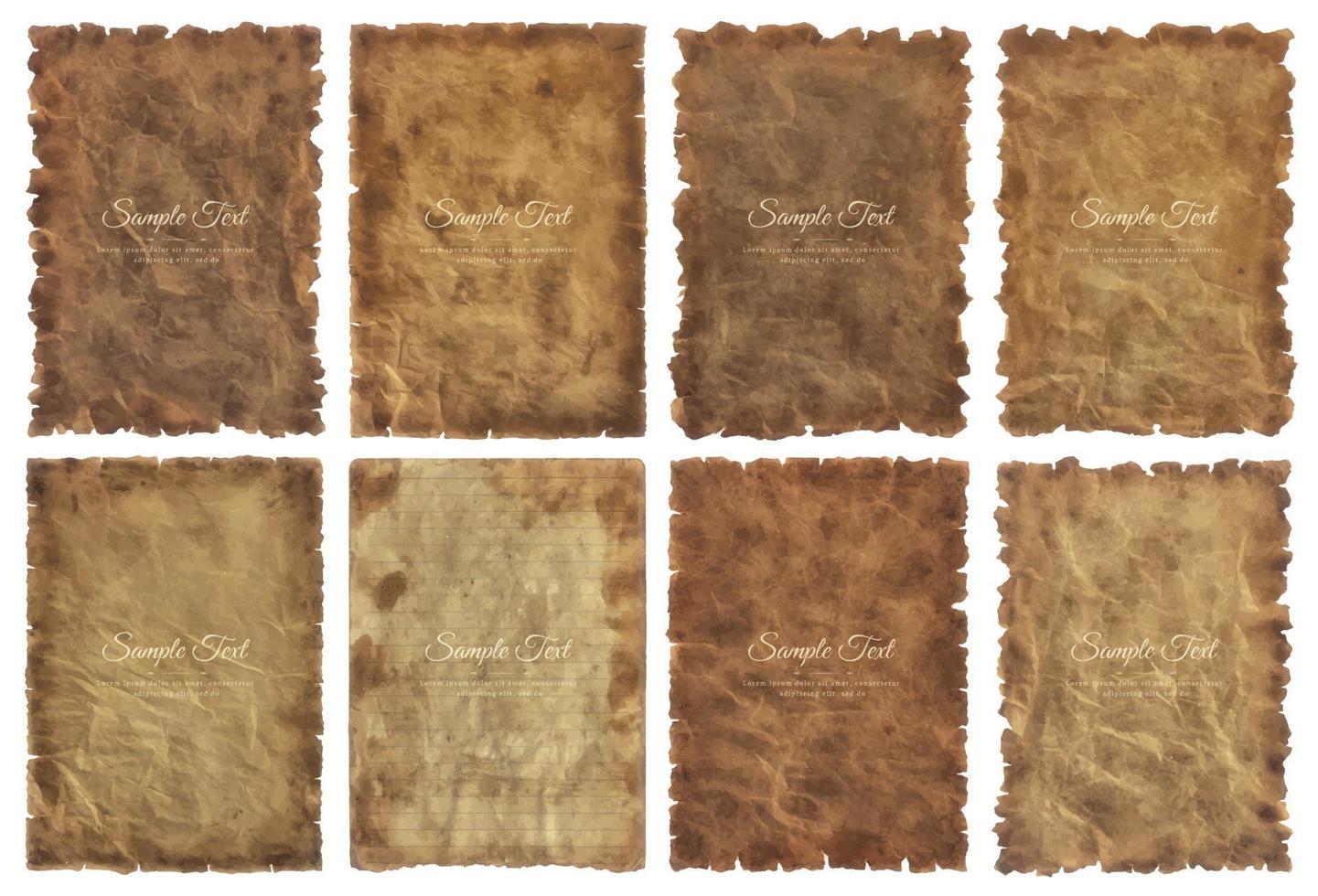 Vector collection set old parchment paper sheet vintage aged or texture isolated on white background