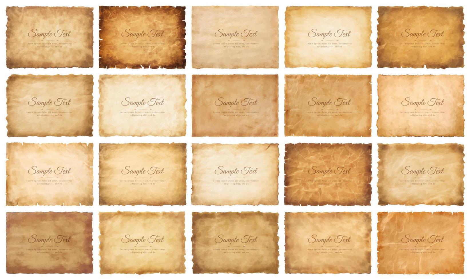 Vector collection set old parchment paper sheet vintage aged or texture isolated on white background