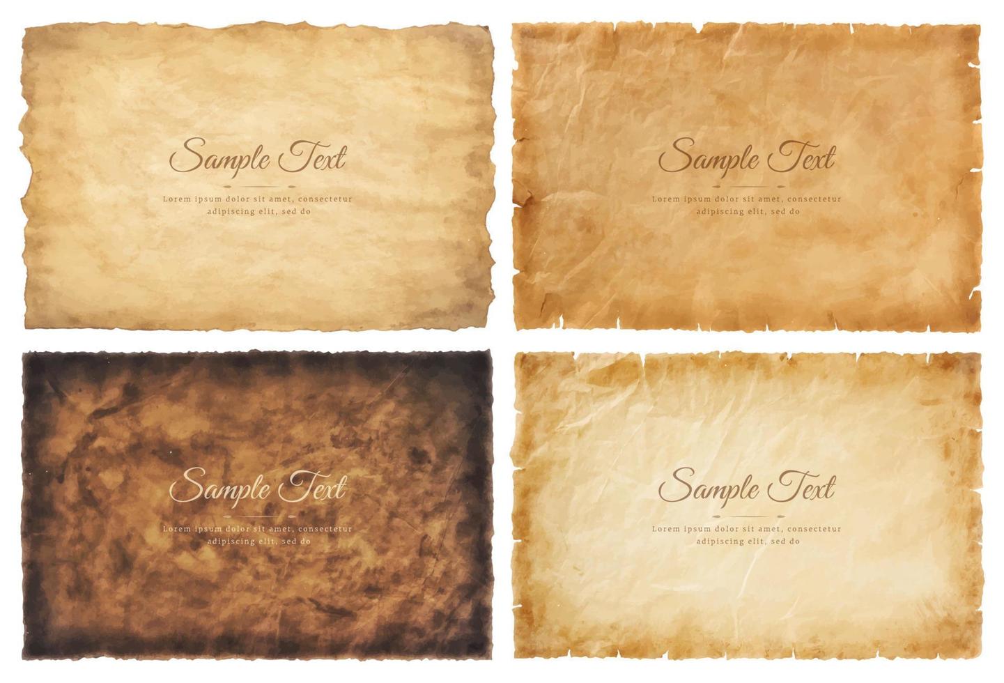 Vector collection set old parchment paper sheet vintage aged or texture isolated on white background