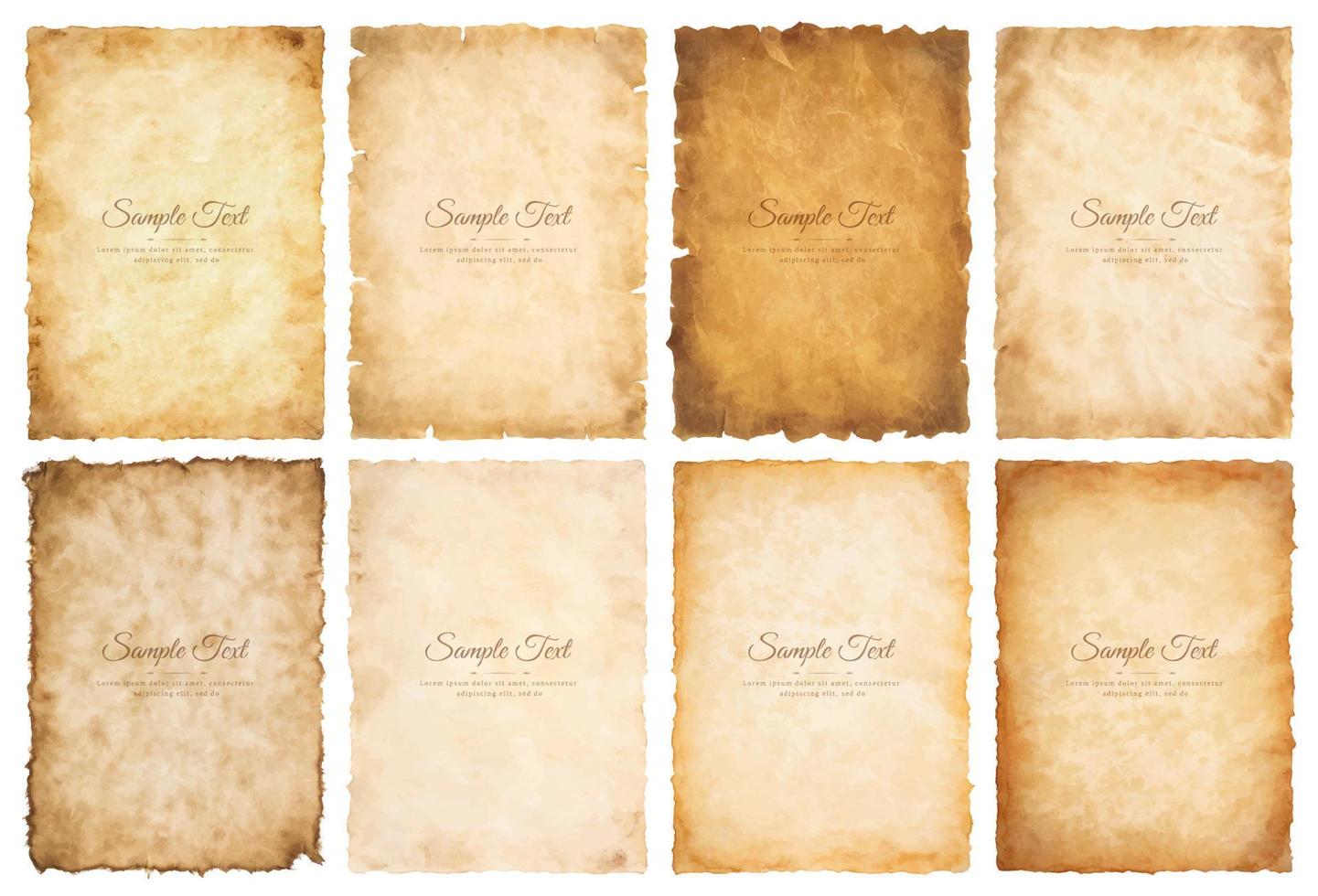 Vector collection set old parchment paper sheet vintage aged or texture isolated on white background