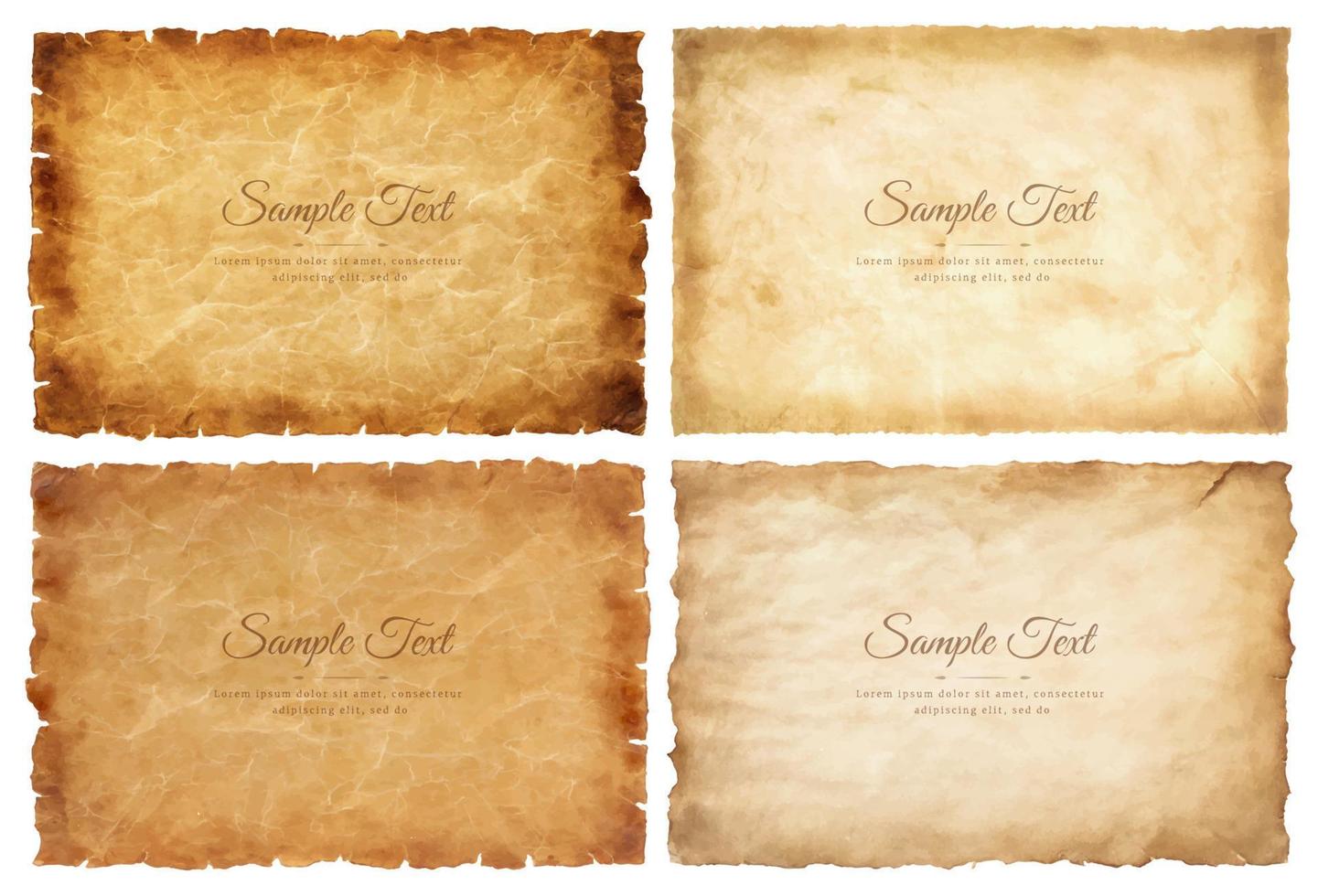 Vector collection set old parchment paper sheet vintage aged or texture isolated on white background