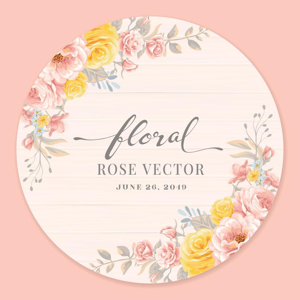 Beautiful Rose Flower and botanical leaf on wood label circle digital painted illustration for love wedding valentines day or arrangement invitation design greeting card vector