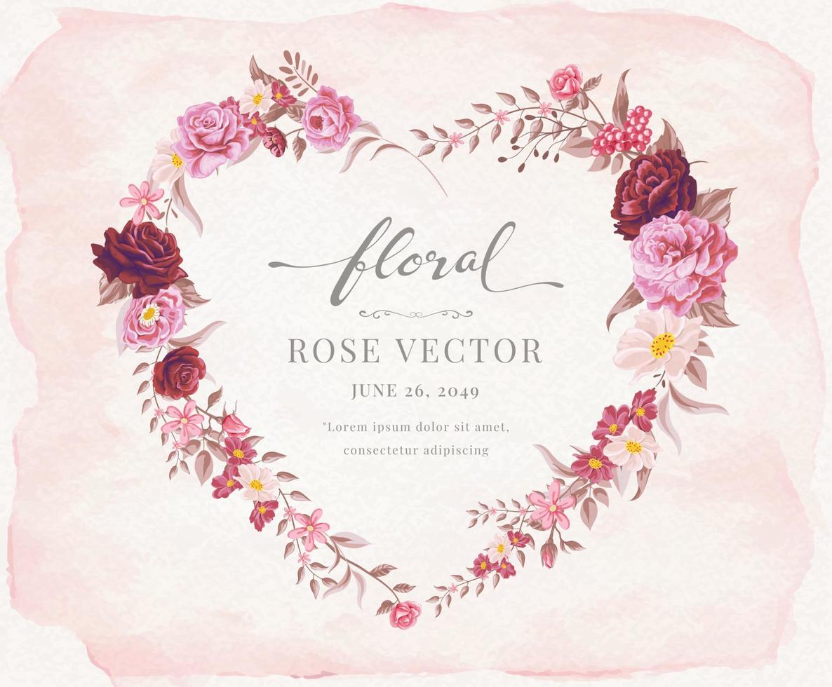 Beautiful Rose Flower and botanical leaf heart shape watercolor digital painted illustration for love wedding valentines day or arrangement invitation design greeting card vector