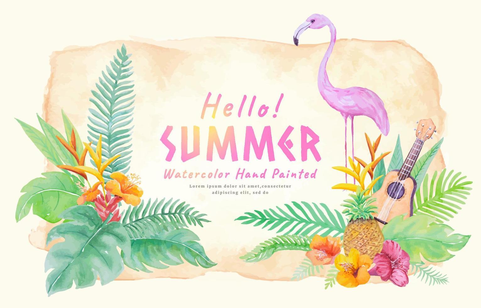 happy summer holidays concept with decoration botanical,guitar,flamingo watercolor hand painted vector