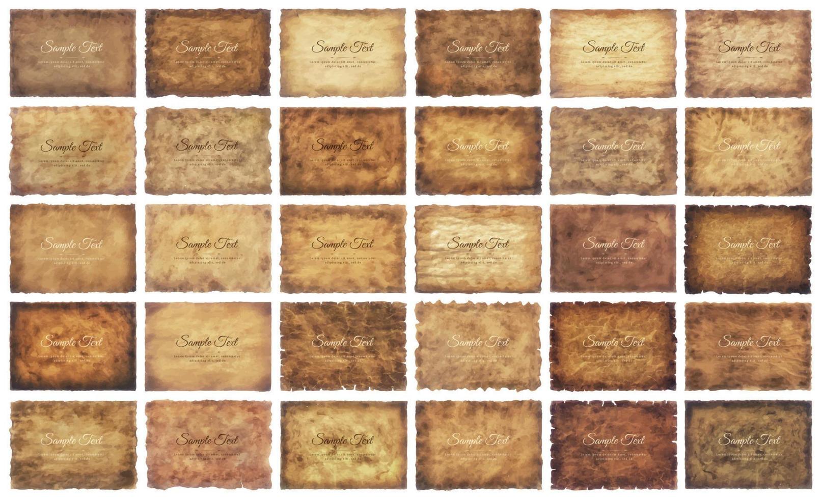 Vector collection set old parchment paper sheet vintage aged or texture isolated on white background