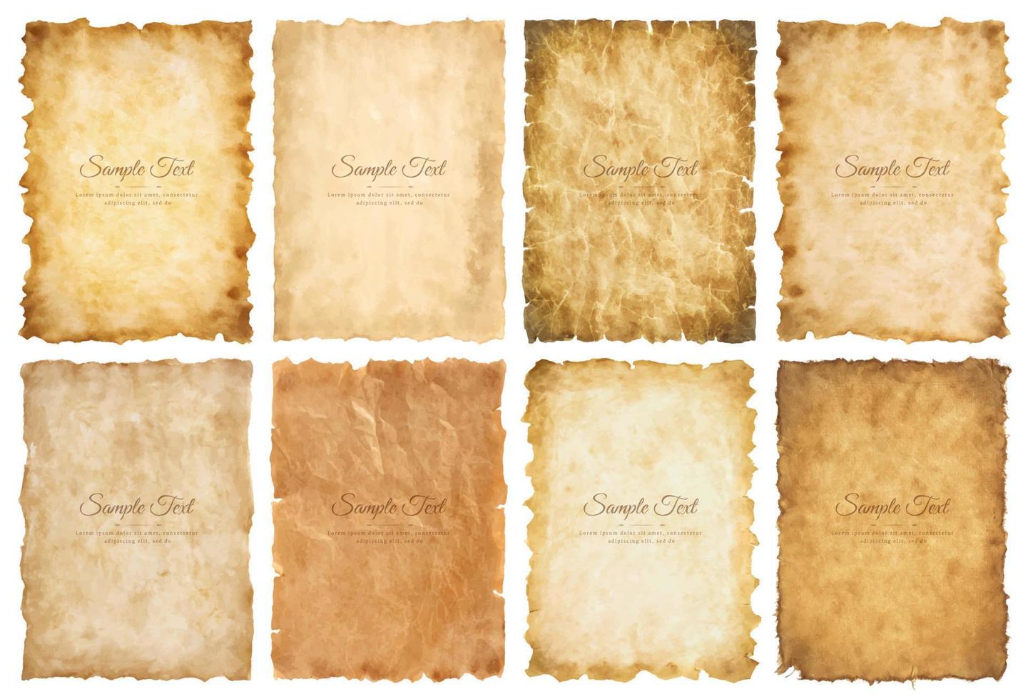 Vector collection set old parchment paper sheet vintage aged or texture isolated on white background