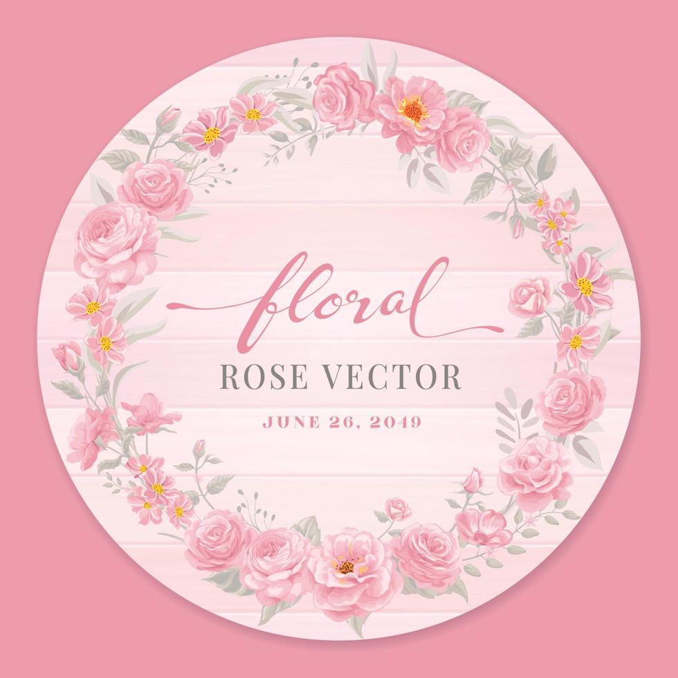 Rose Flower and botanical leaf on wood label circle digital painted illustration vector