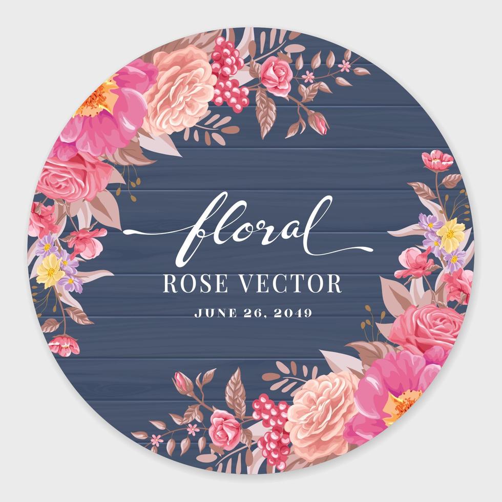 Beautiful Rose Flower and botanical leaf on wood label circle digital painted illustration for love wedding valentines day or arrangement invitation design greeting card vector