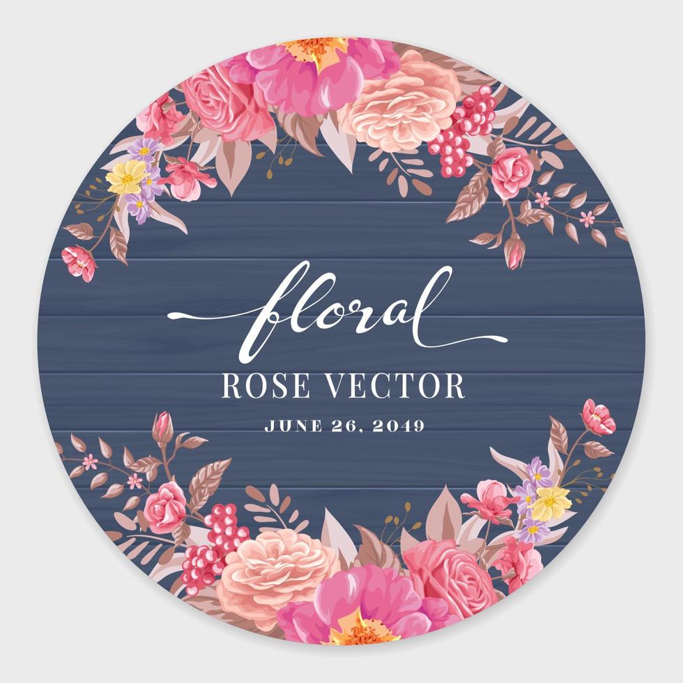 Beautiful Rose Flower and botanical leaf on wood label circle digital painted illustration for love wedding valentines day or arrangement invitation design greeting card vector