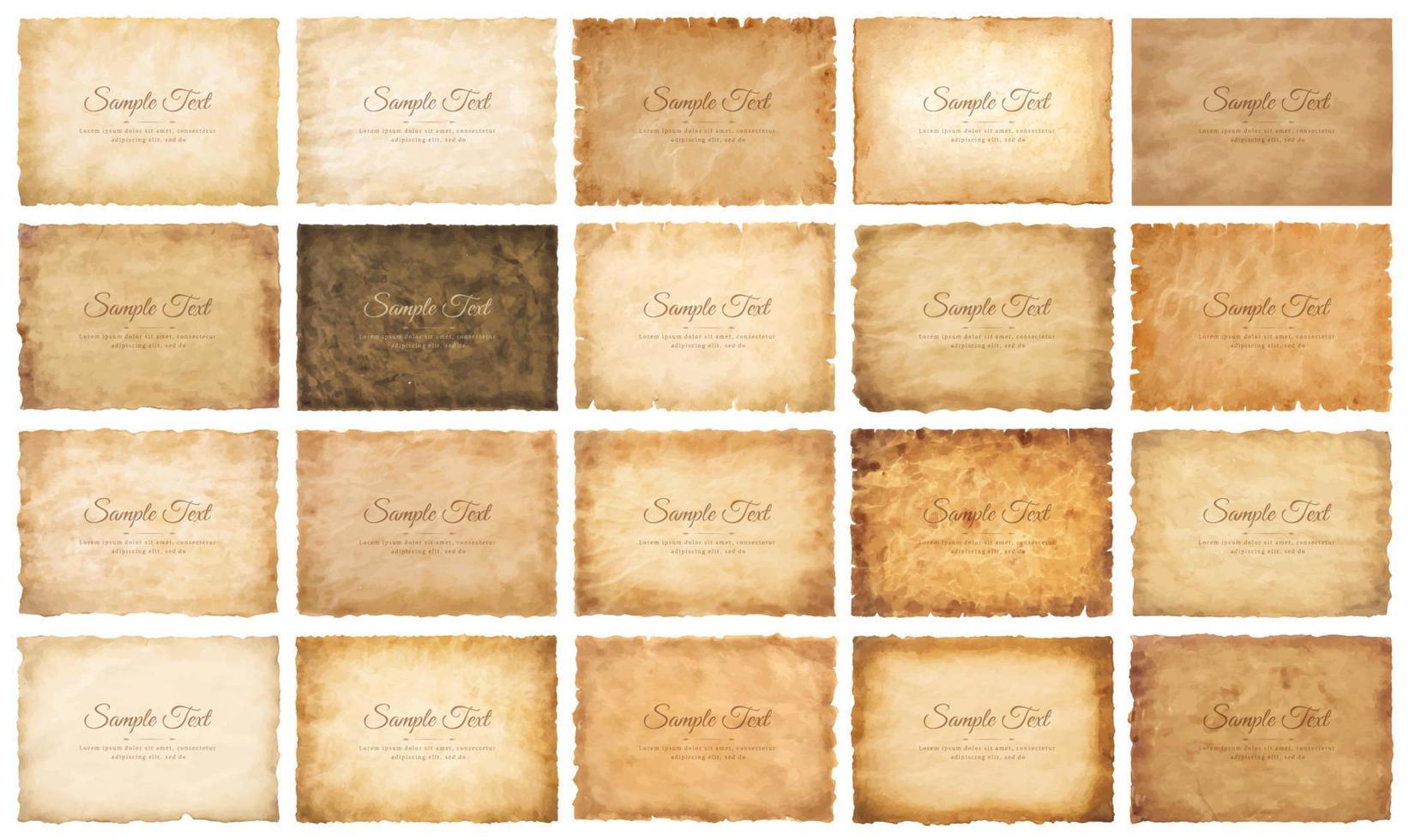 Vector collection set old parchment paper sheet vintage aged or texture isolated on white background