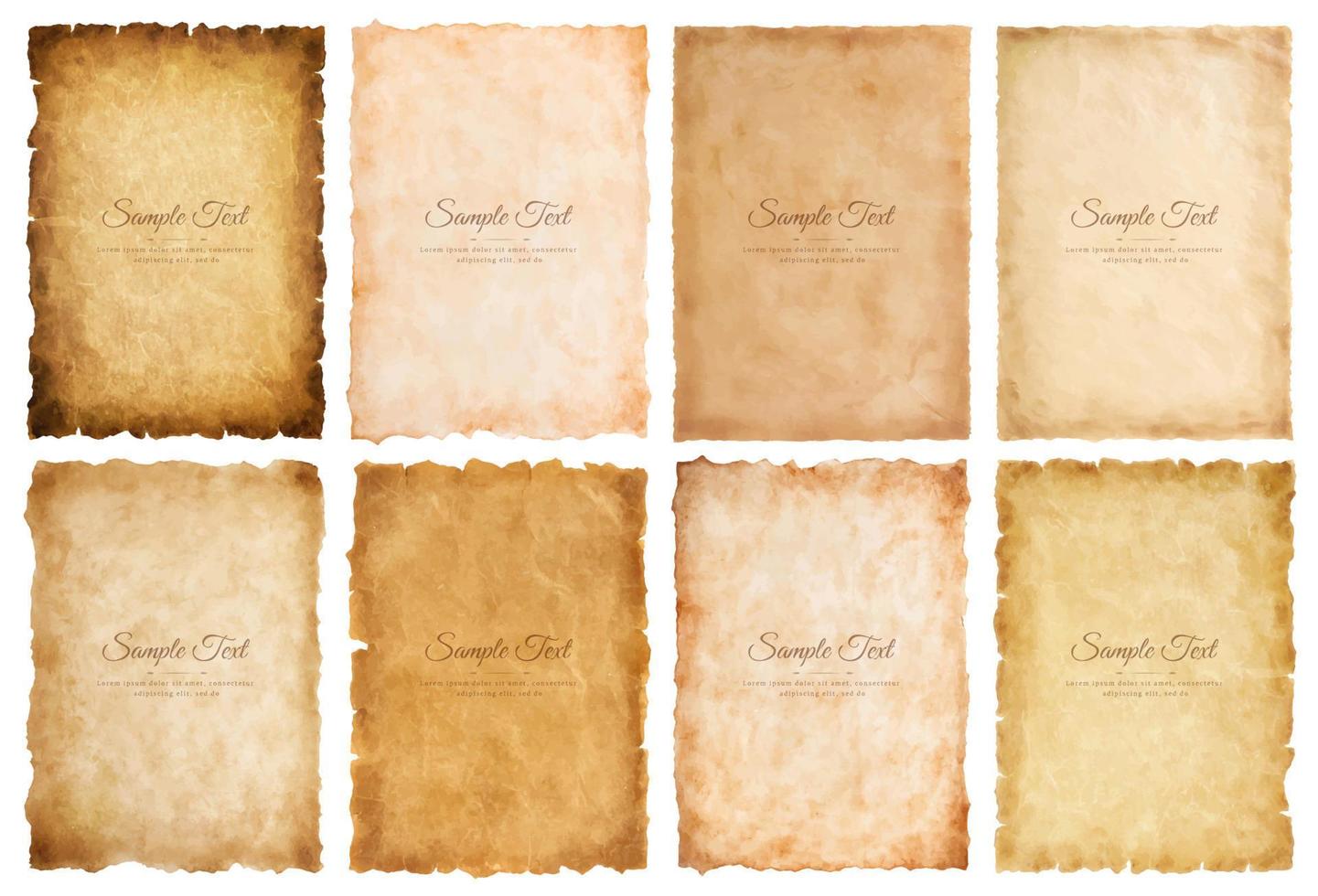 Vector collection set old parchment paper sheet vintage aged or texture isolated on white background