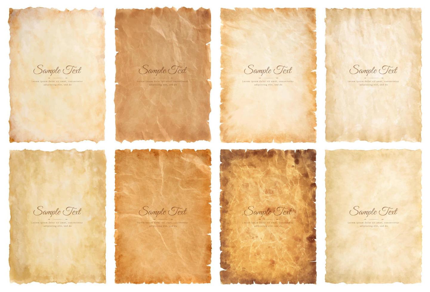 Vector collection set old parchment paper sheet vintage aged or texture isolated on white background