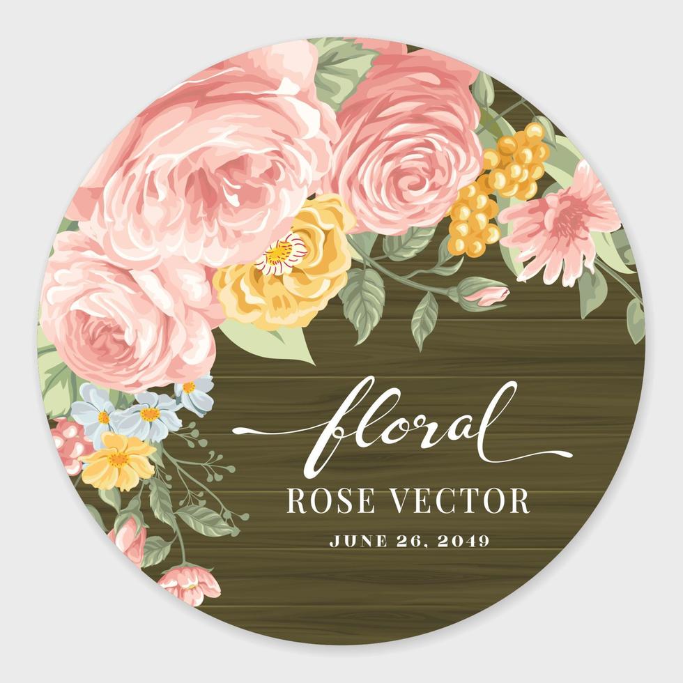 Beautiful Rose Flower and botanical leaf on wood label circle digital painted illustration for love wedding valentines day or arrangement invitation design greeting card vector