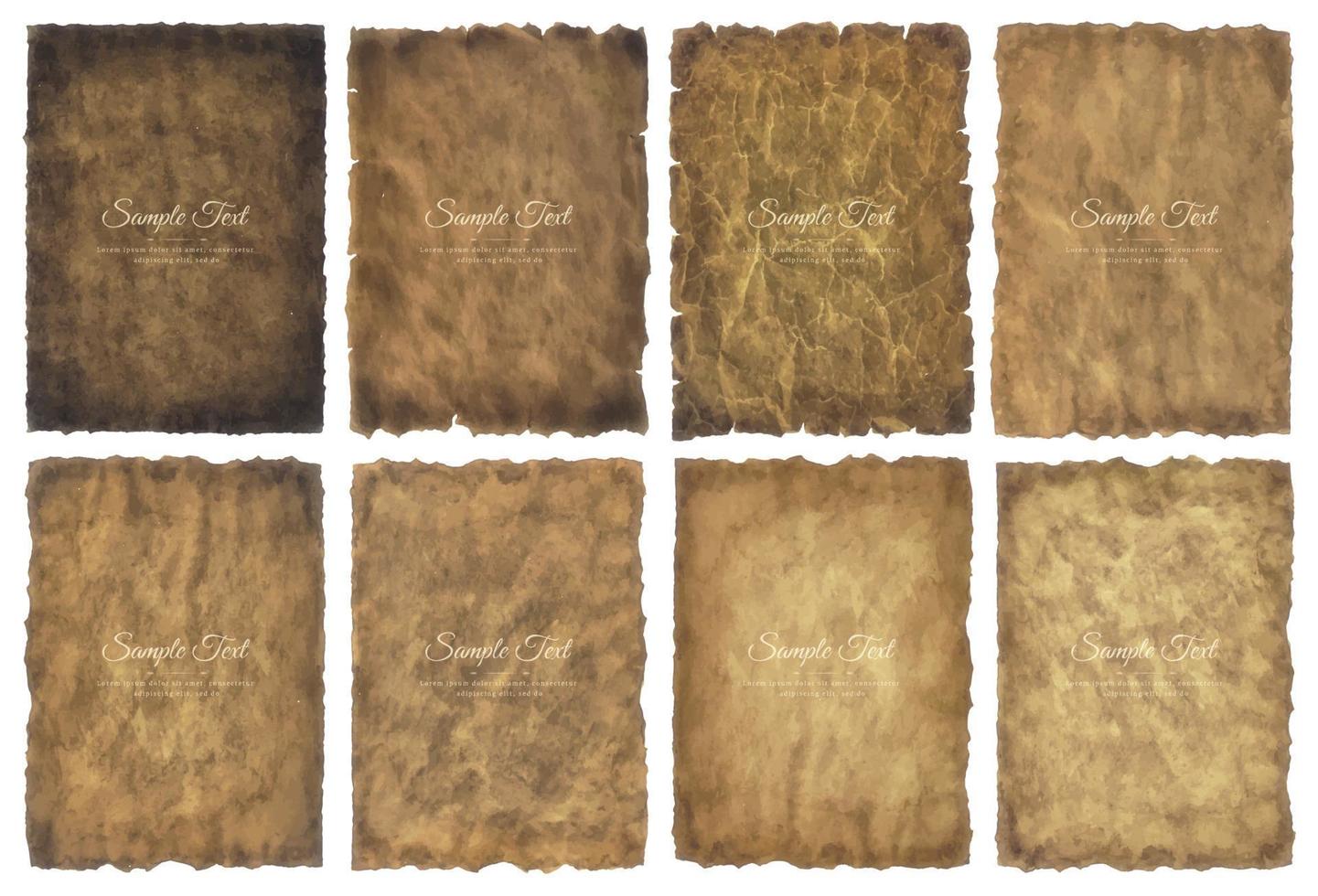 Vector collection set old parchment paper sheet vintage aged or texture isolated on white background