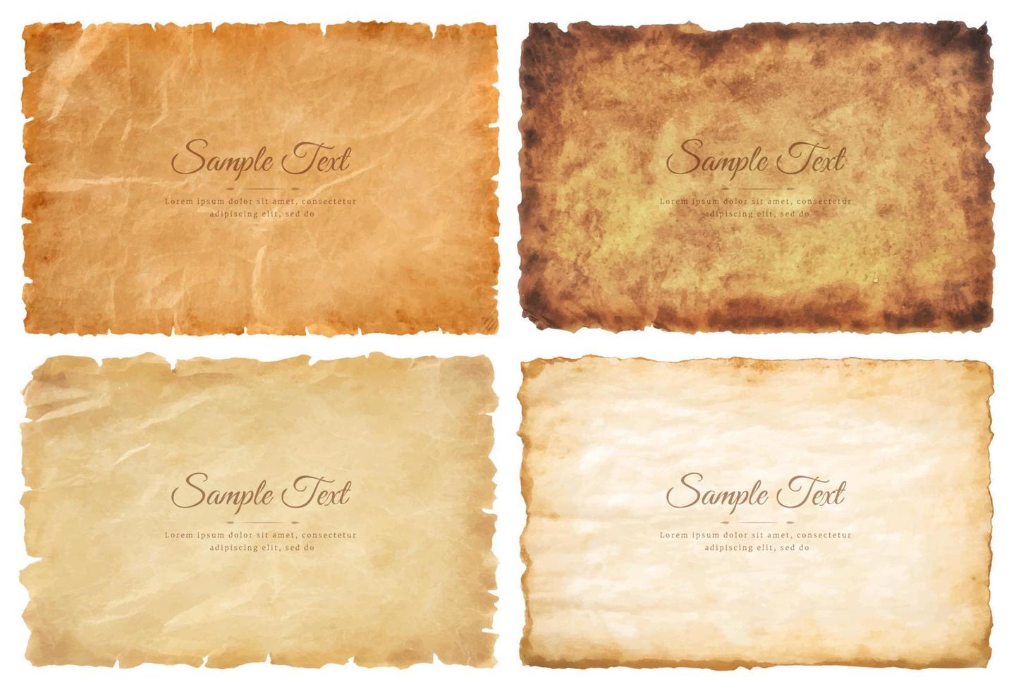 Vector collection set old parchment paper sheet vintage aged or texture isolated on white background