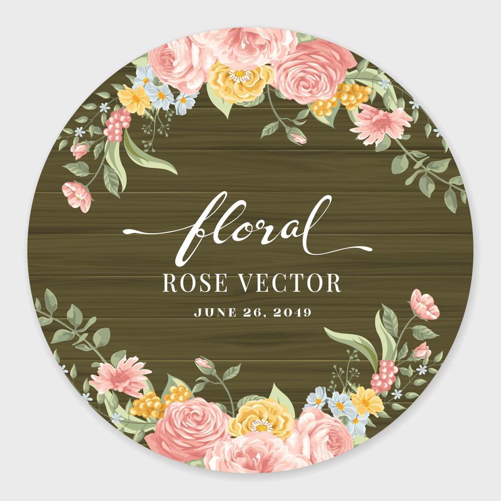 Beautiful Rose Flower and botanical leaf on wood label circle digital painted illustration for love wedding valentines day or arrangement invitation design greeting card vector