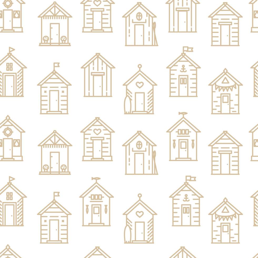 Beach hut pattern, flat line style, beige and white. vector