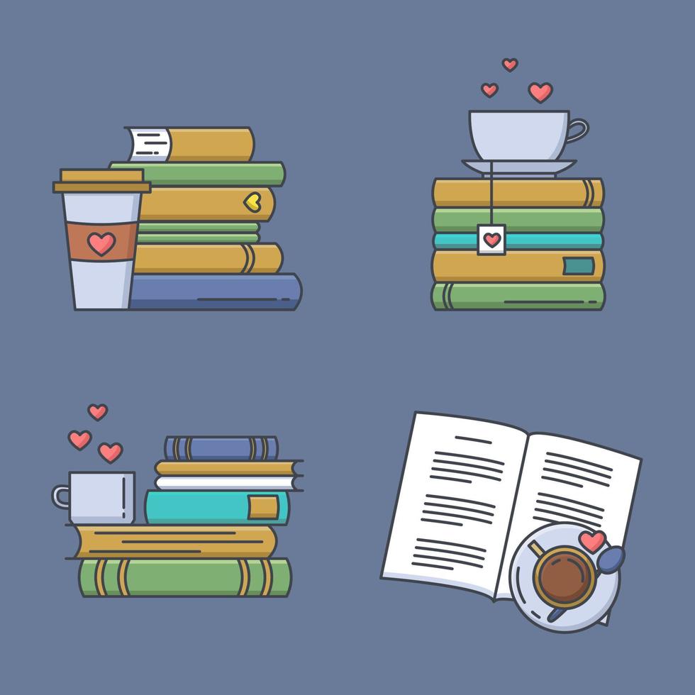 Set of colored icons for book fans. Book stacks, coffee or tea mugs and paper cups. vector