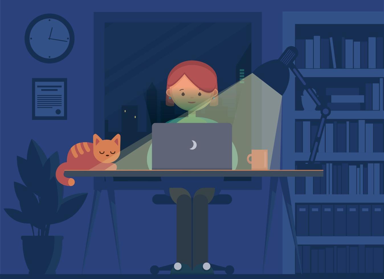 Freelancer working at night concept. Young woman sitting in the room with laptop, working, surfing internet or networking. vector