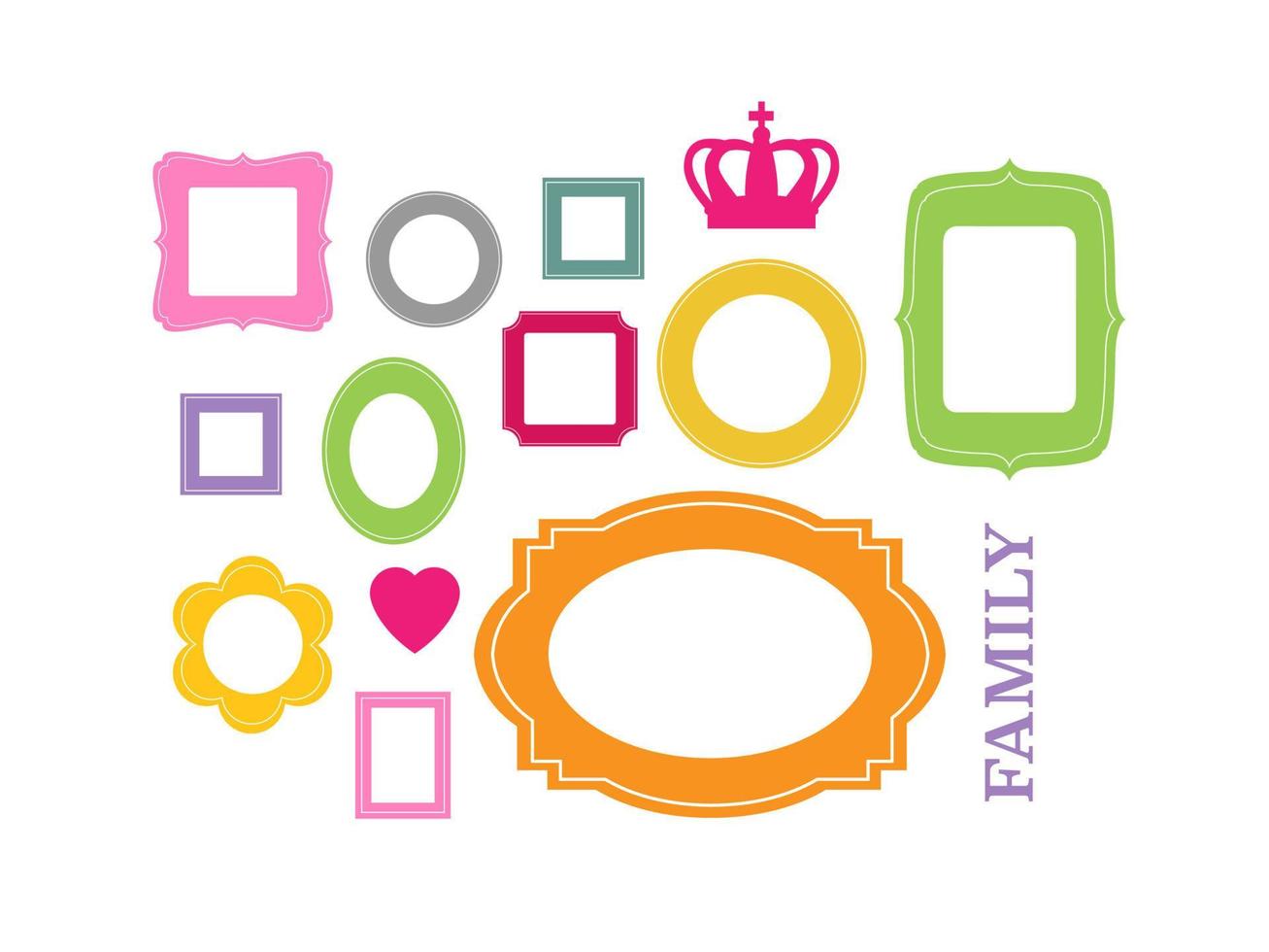Set of cartoon picture frames organized as gallery wall. Blank colored frames isolated on white vector illustration.