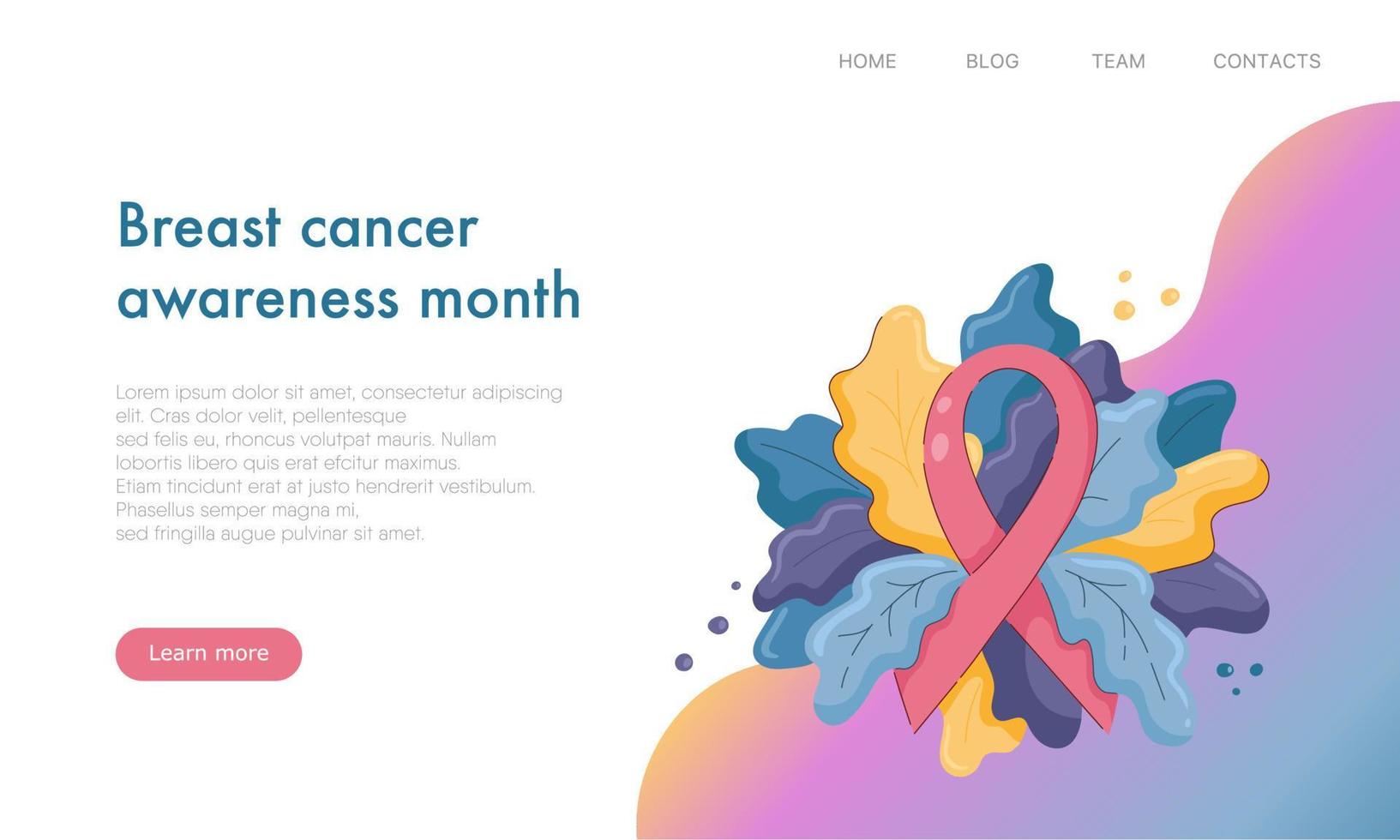 Creative website template design for breast cancer awareness month. Landing page for medicine, education and non-profit organisation. Modern flat style concept. Vector illustration.