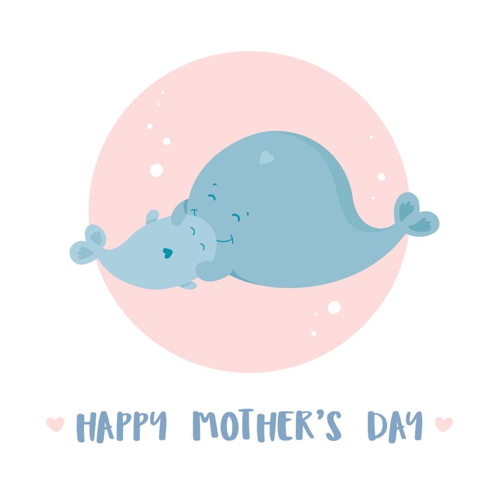 Happy mother day card with mother and baby whales. Cute cartoon style, pink and blue coloured. Vector illustration isolated on white