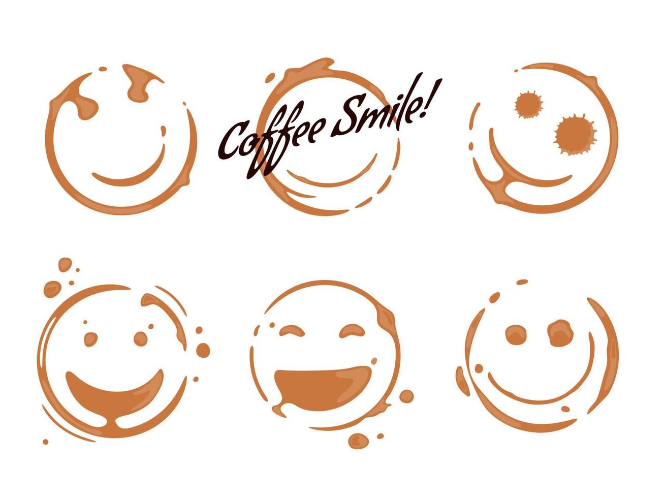 Collection of coffee cup round stains shaping hearts and smiling faces. Good mood and coffee love concept for cafes and perks. Vector drops and splashes on white.