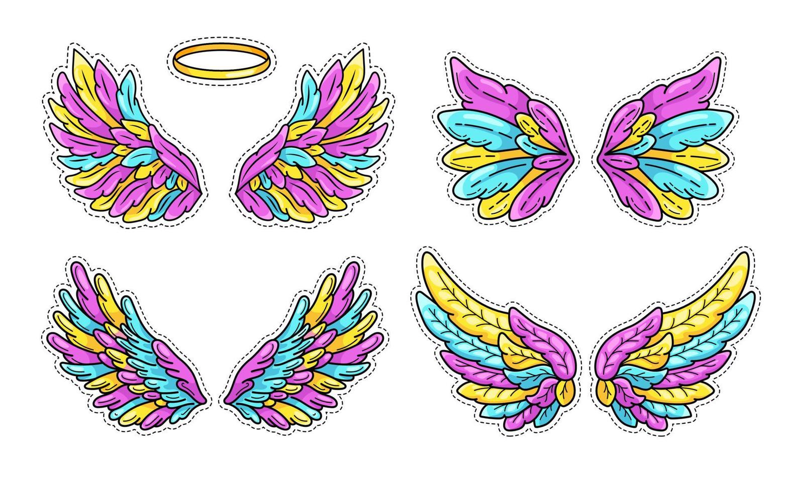 colección de pegatinas de alas mágicas al estilo de los cómics de arte pop juvenil de los años 80-90. amplias alas de ángel y halo.elemento de parche de moda retro inspirado en dibujos animados antiguos.ilustración vectorial aislada en blanco vector