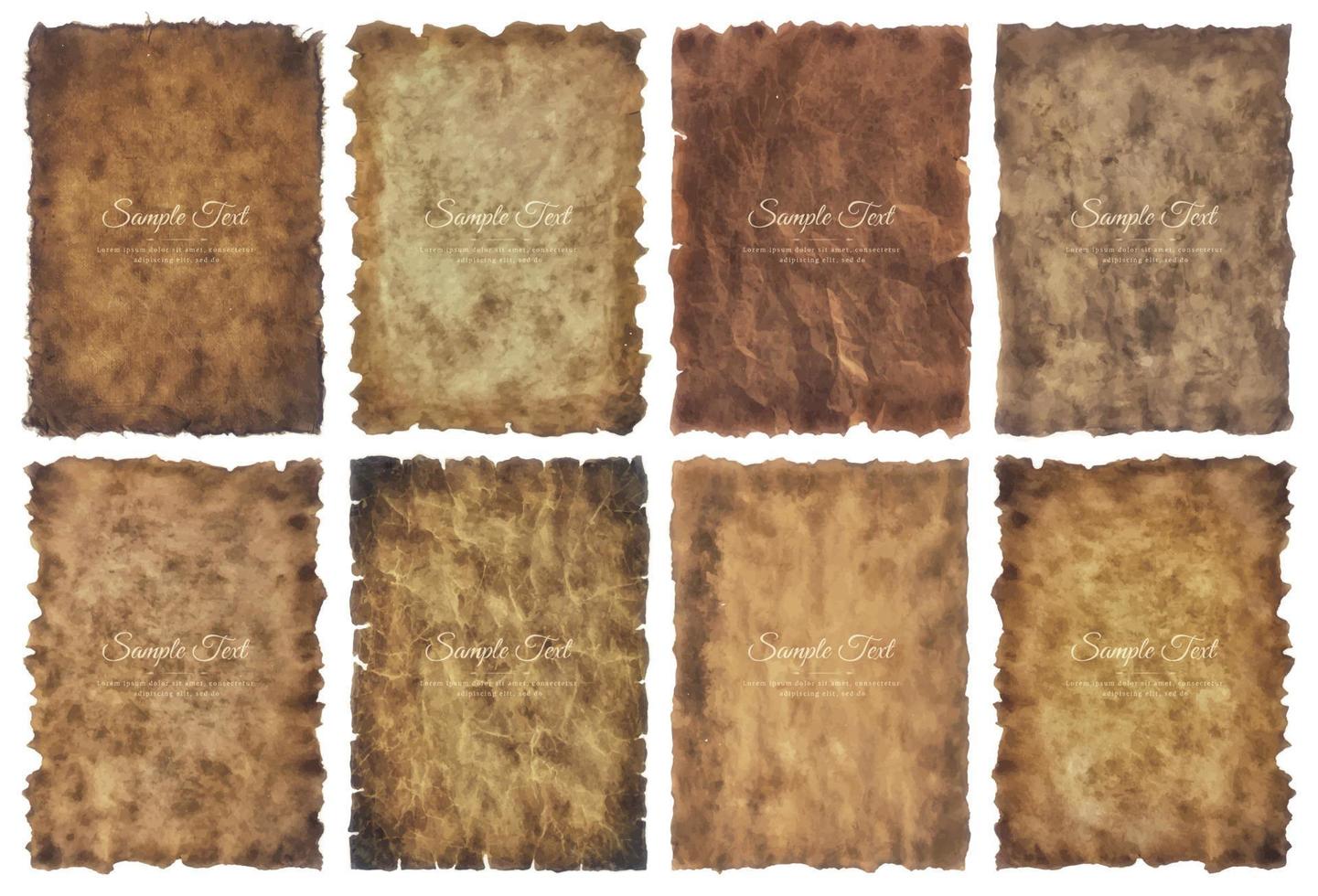 Vector collection set old parchment paper sheet vintage aged or texture isolated on white background