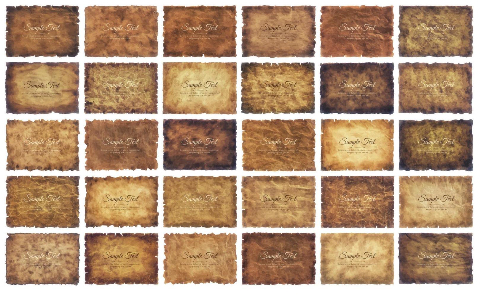 Vector collection set old parchment paper sheet vintage aged or texture isolated on white background