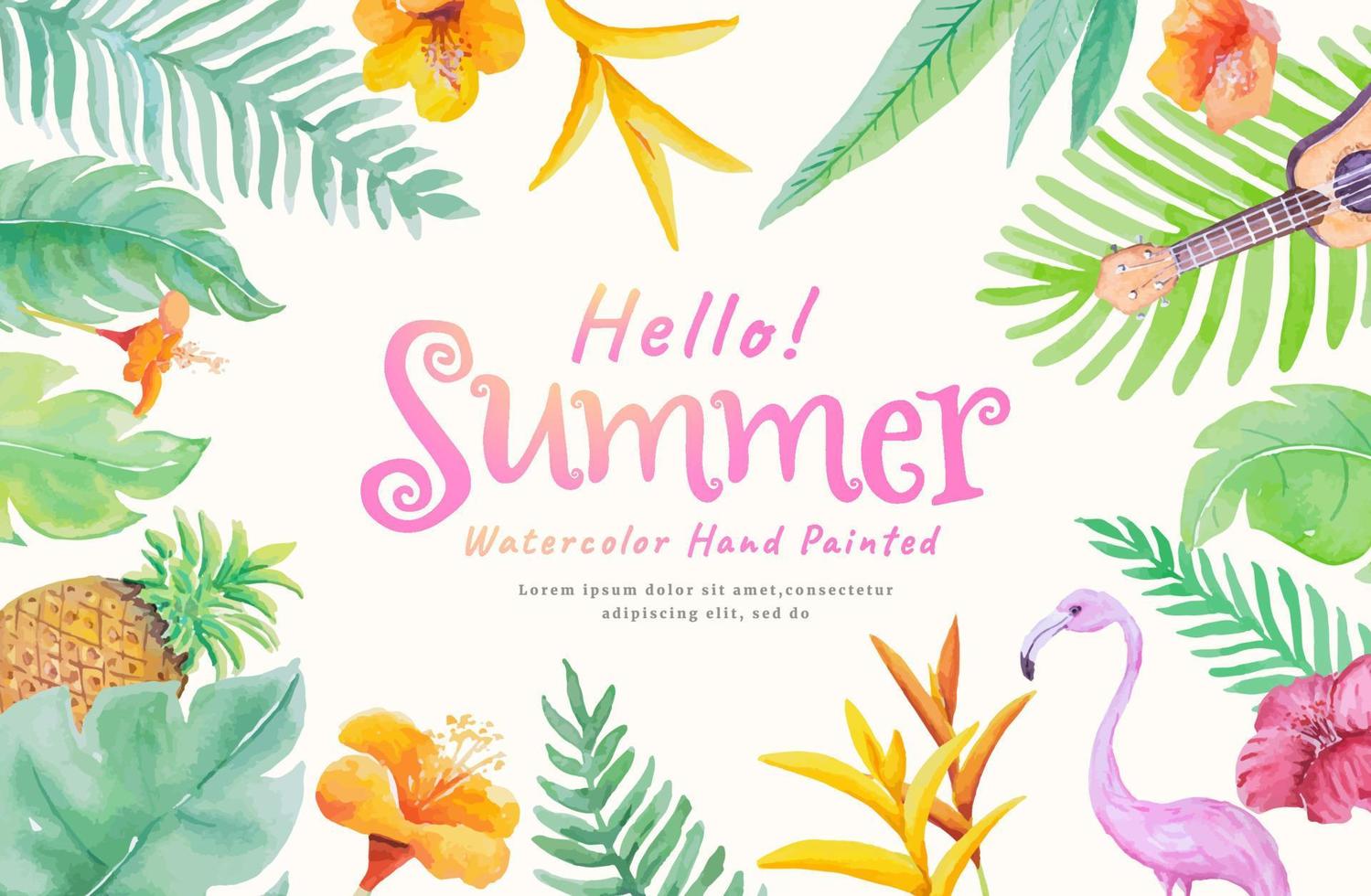 happy summer holidays concept with decoration botanical,guitar,flamingo watercolor hand painted vector