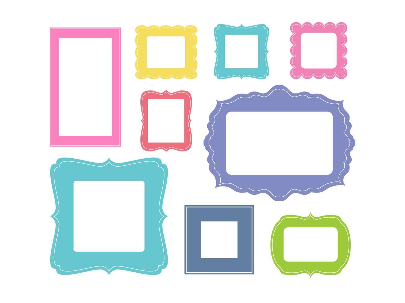 Set of cartoon picture frames organized as gallery wall. Blank colored frames isolated on white vector illustration.