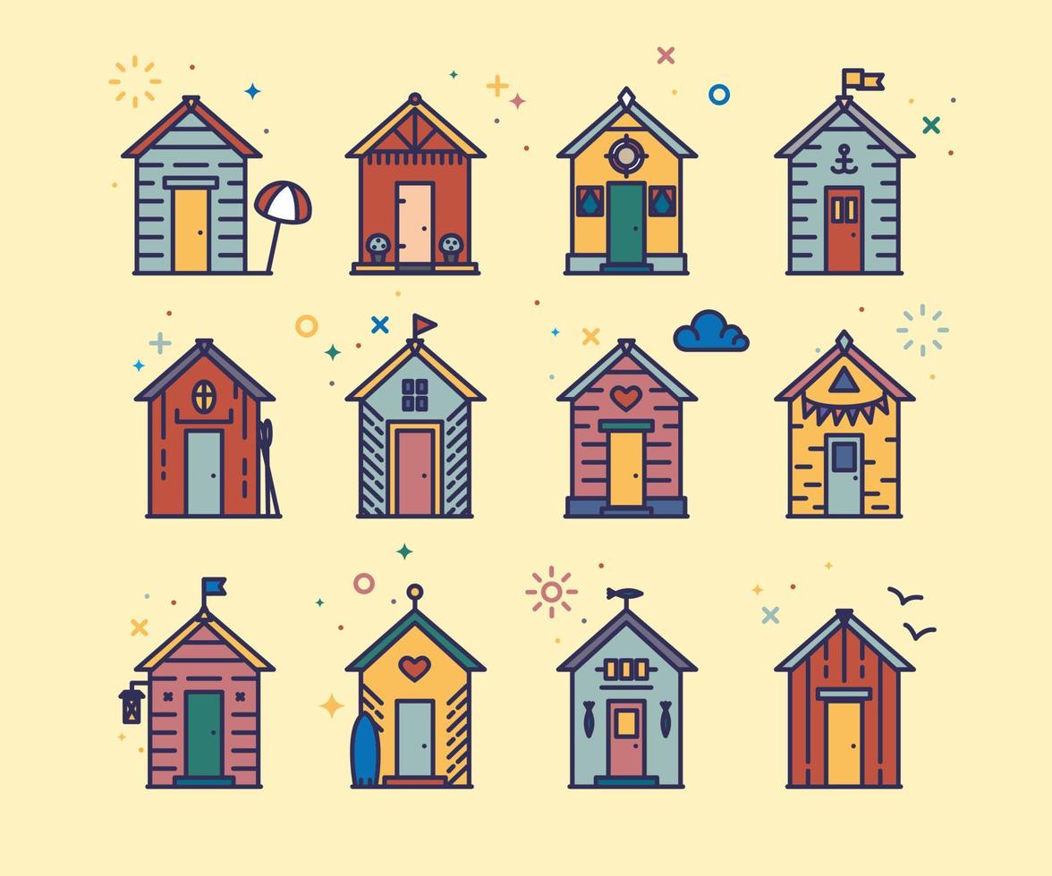 Set of beach hut icons, flat line style, colored. vector