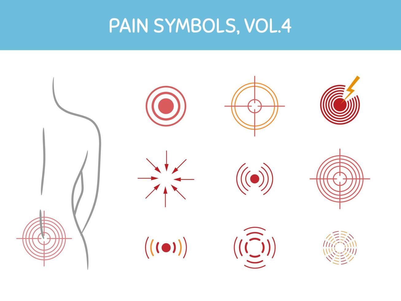 Set of pain markers for illustrations, medical and healthcare themed designs. Assorted icons showing pain focus, trigger points and painful areas of body. Vector elements, isolated on white.